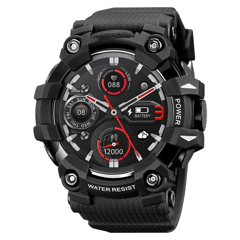 Blue smart watch with round 56mm touch screen dial and TPU strap on a wrist.
