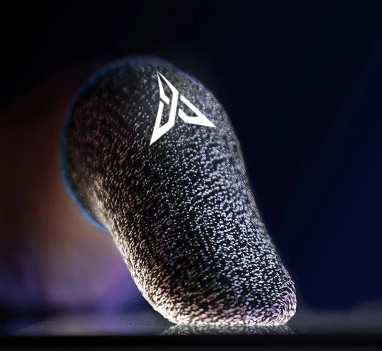 A pair of green gaming thumb sleeves made from silver fibre material with a reflective logo.