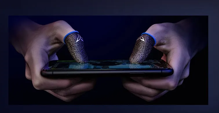 A pair of green gaming thumb sleeves made from silver fibre material with a reflective logo.