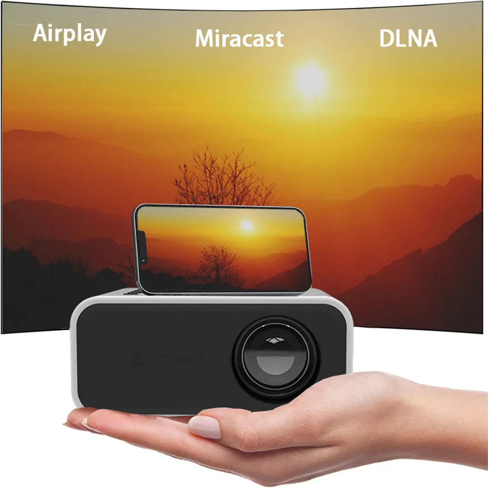 YT300 black or white portable mini projector with remote control on table projecting home theatre image