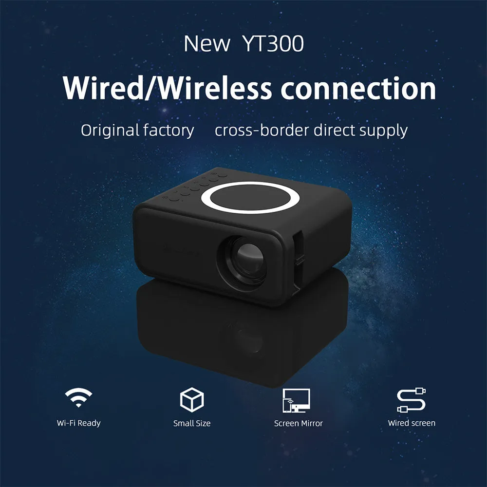 YT300 black or white portable mini projector with remote control on table projecting home theatre image