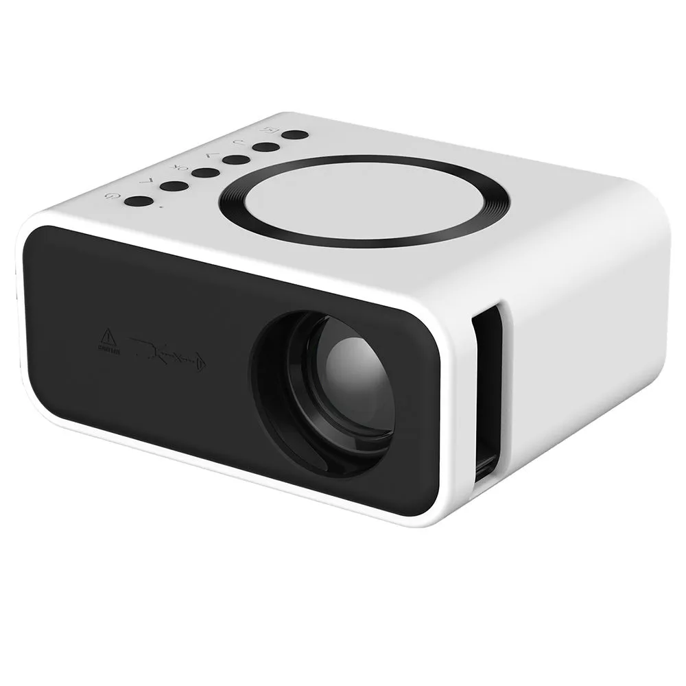 YT300 black or white portable mini projector with remote control on table projecting home theatre image
