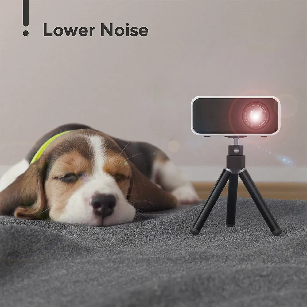 YT300 black or white portable mini projector with remote control on table projecting home theatre image