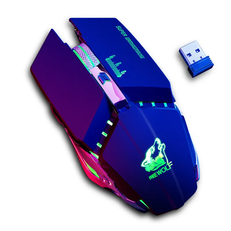 Black rechargeable wireless gaming mouse with six buttons on a desk.