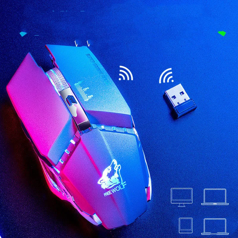 Black rechargeable wireless gaming mouse with six buttons on a desk.