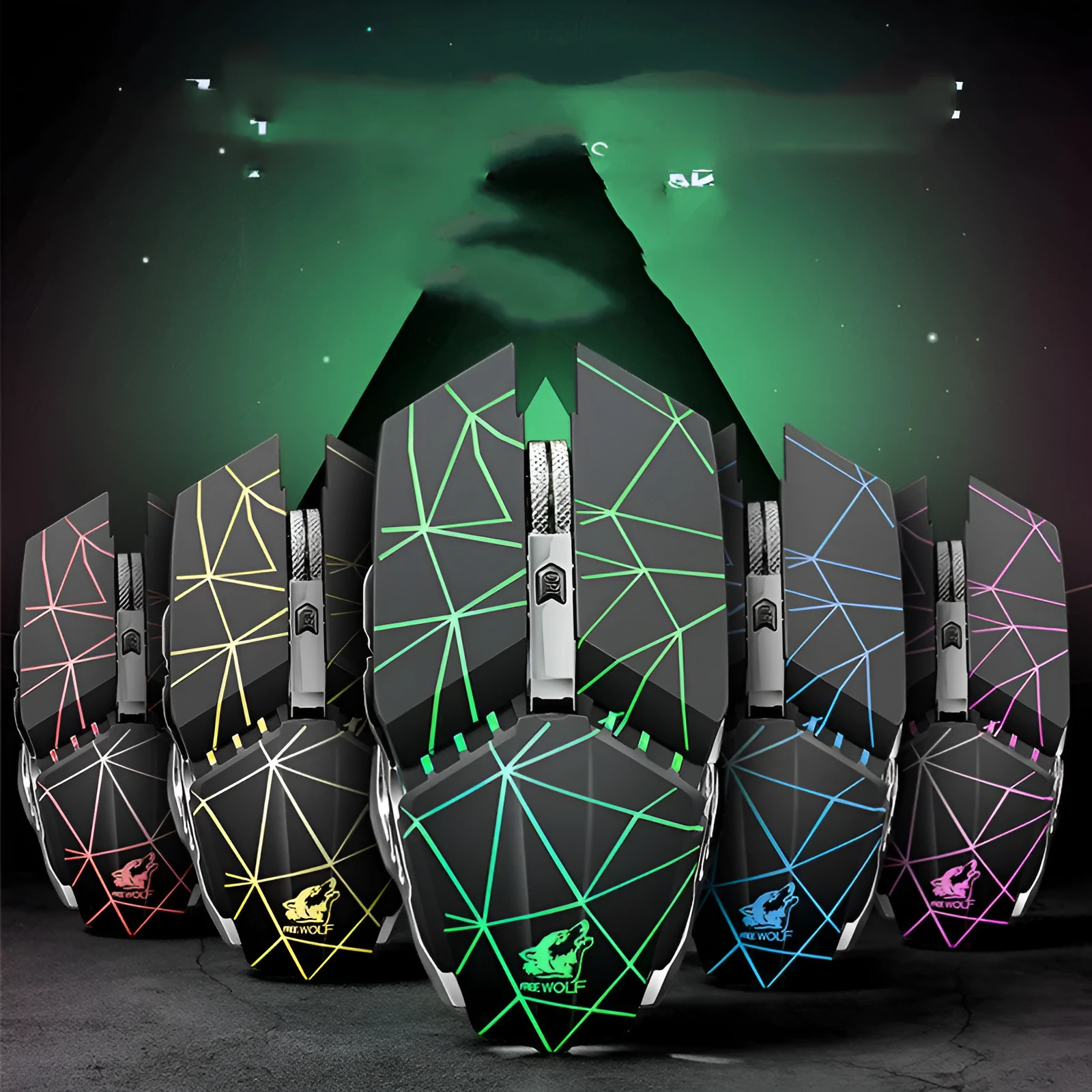 Black rechargeable wireless gaming mouse with six buttons on a desk.