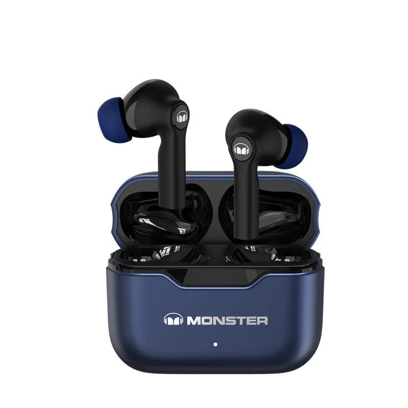 Wireless Bluetooth headset with black earpieces showing in-ear design and USB charging port