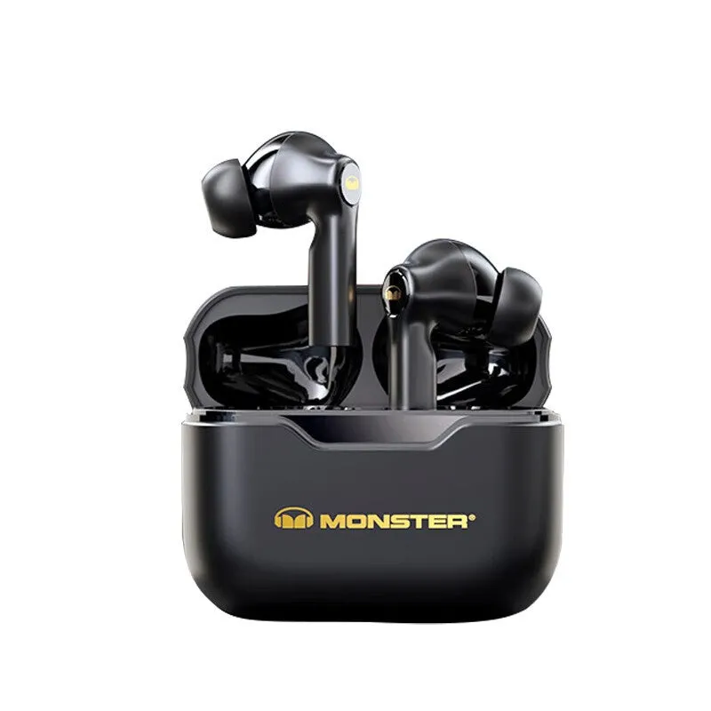 Wireless Bluetooth headset with black earpieces showing in-ear design and USB charging port