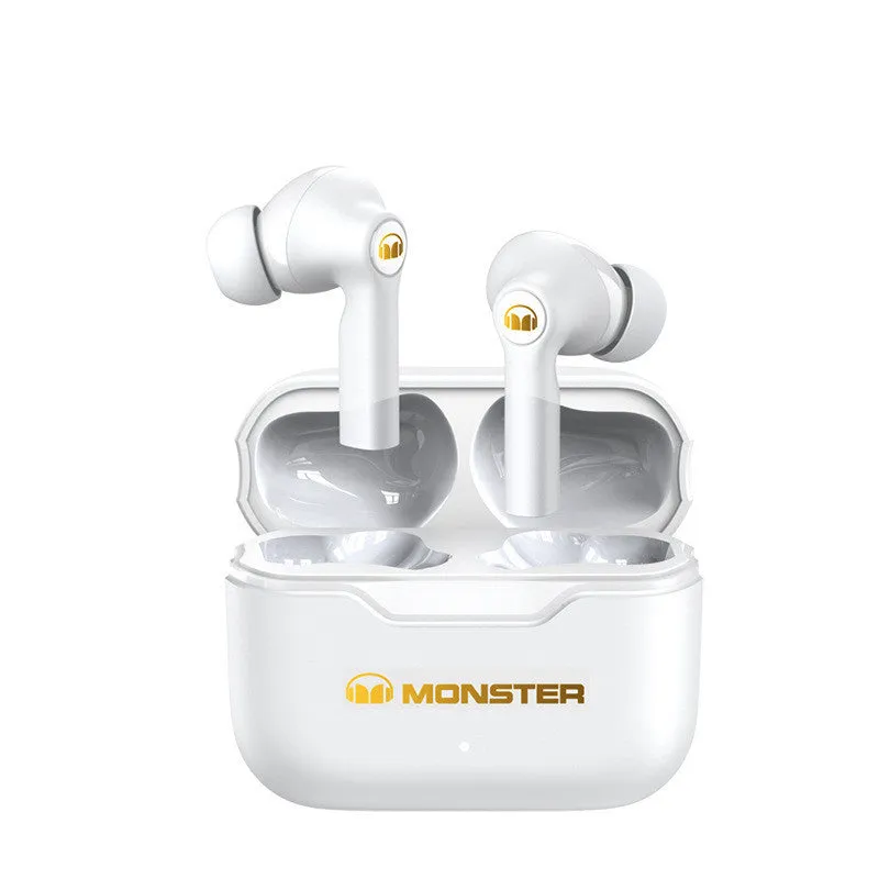 Wireless Bluetooth headset with black earpieces showing in-ear design and USB charging port