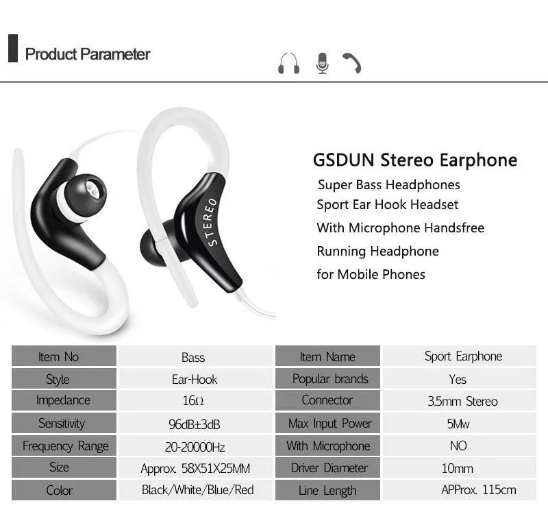 Earhook sport headphones with microphone and 1.2 metre cable in various colours