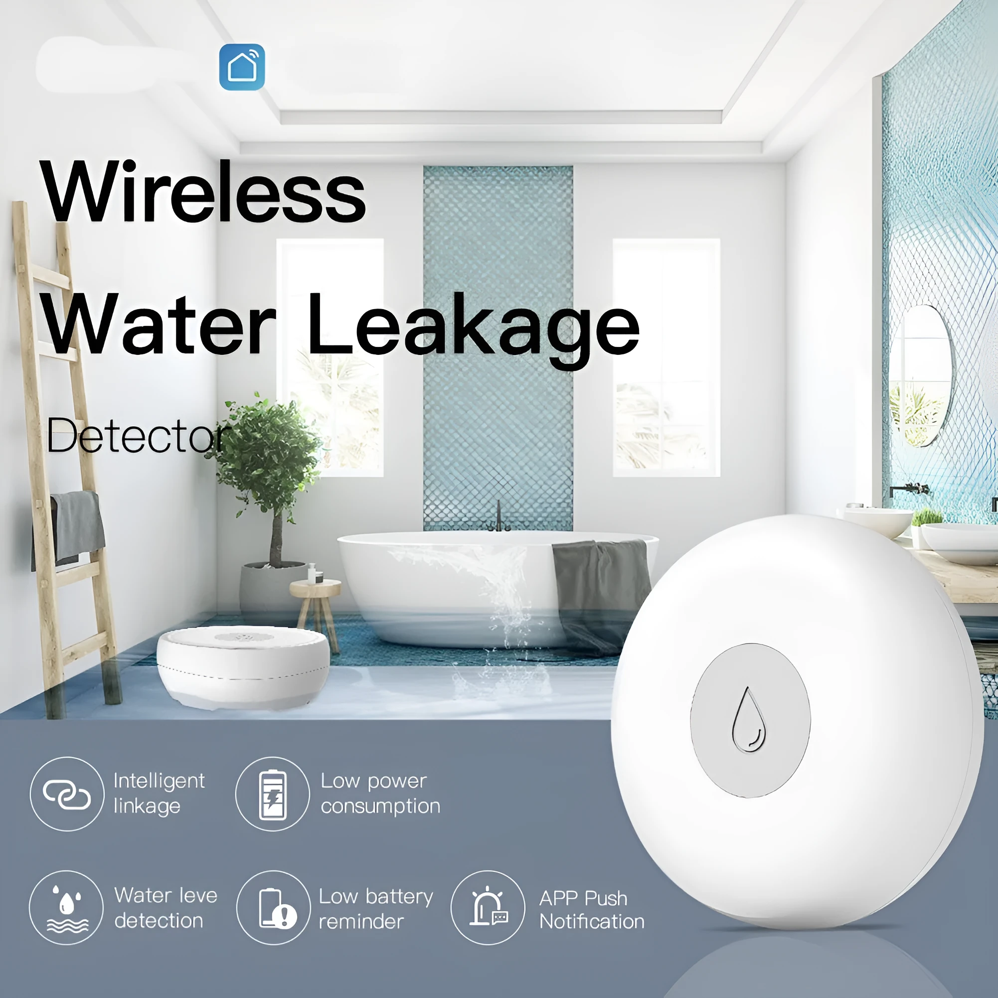 Compact wireless water leakage detection sensor with ZIGBEE3.0 connectivity for mobile phone alerts.