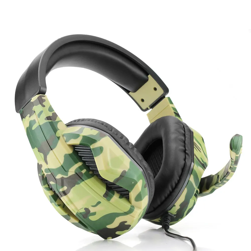 Army Green camouflage wired gaming headset with a flexible microphone and large black earcups on a grey background.