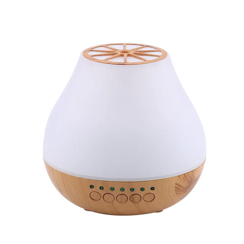 USB-powered ultrasonic essential oil aroma diffuser with wood grain finish and colourful LED lighting effects