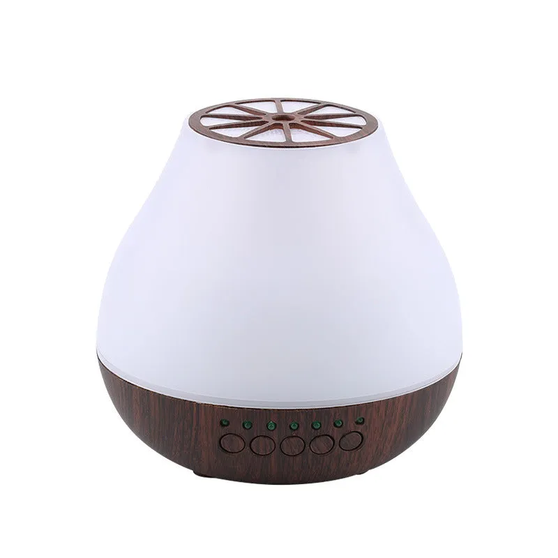 USB-powered ultrasonic essential oil aroma diffuser with wood grain finish and colourful LED lighting effects