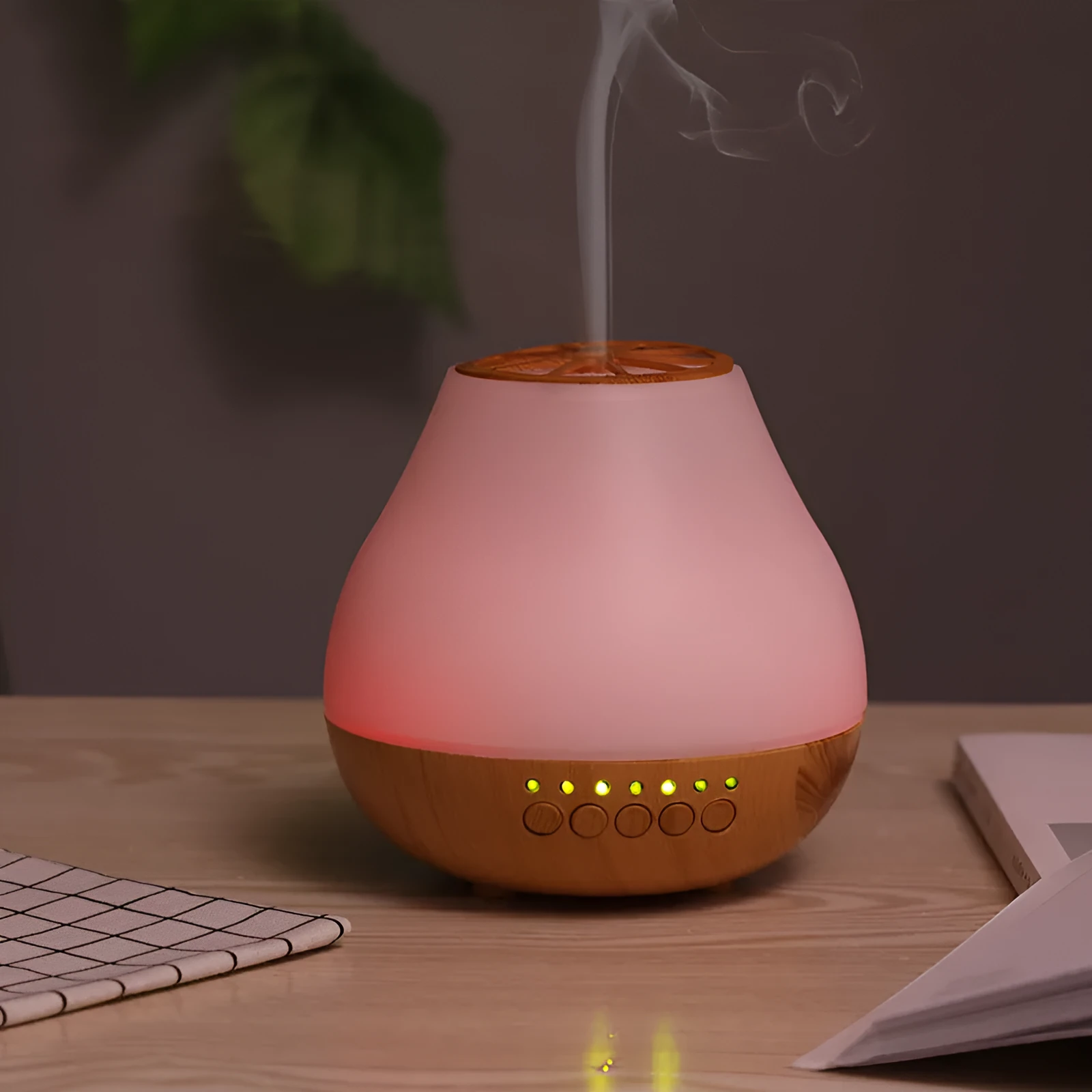USB-powered ultrasonic essential oil aroma diffuser with wood grain finish and colourful LED lighting effects