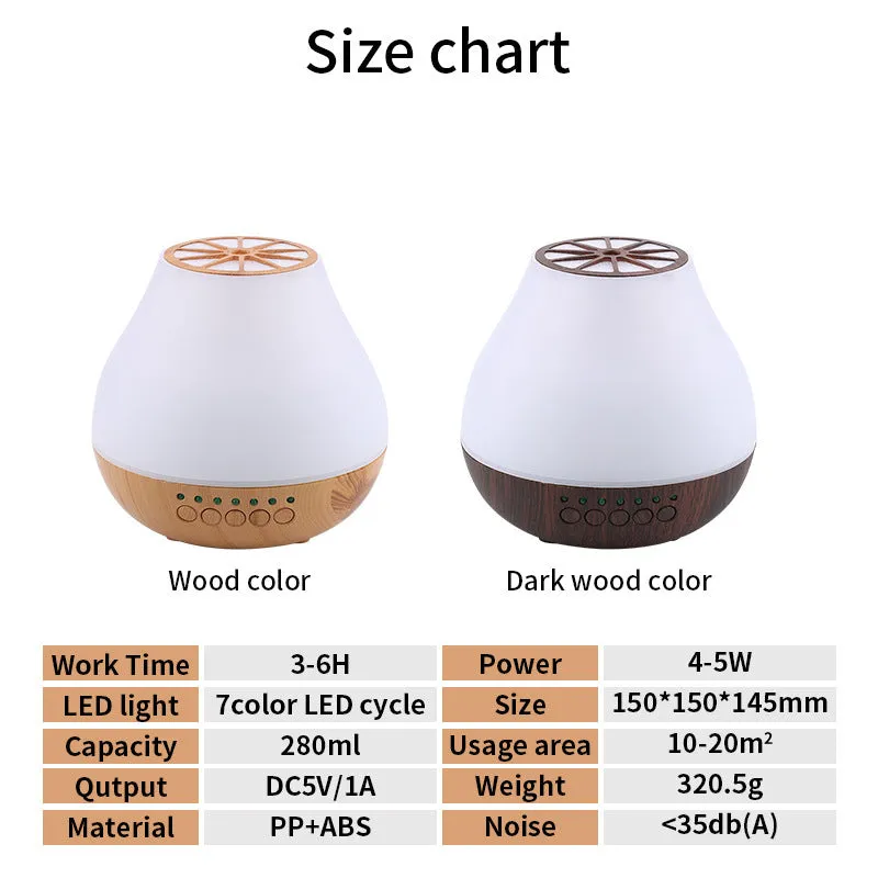 USB-powered ultrasonic essential oil aroma diffuser with wood grain finish and colourful LED lighting effects
