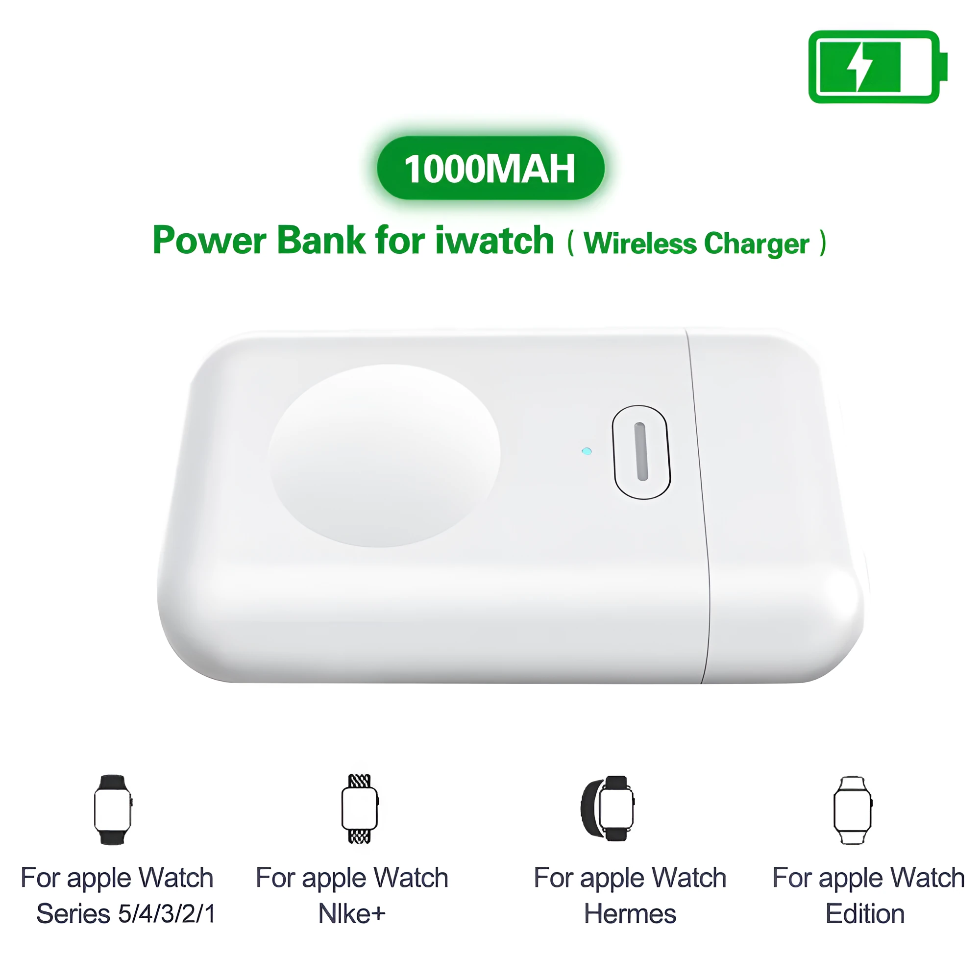White 1000mAh magnetic wireless power bank for Apple Watch, showing compact size.