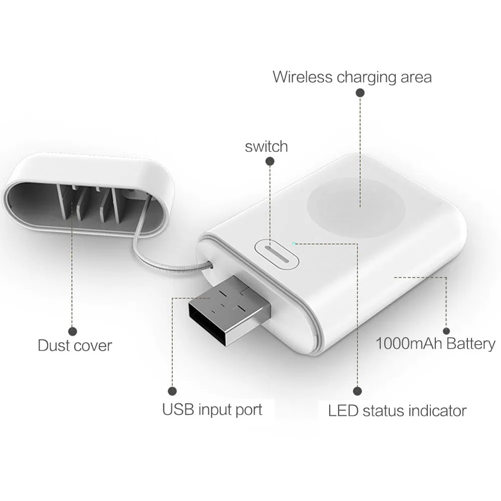 White 1000mAh magnetic wireless power bank for Apple Watch, showing compact size.