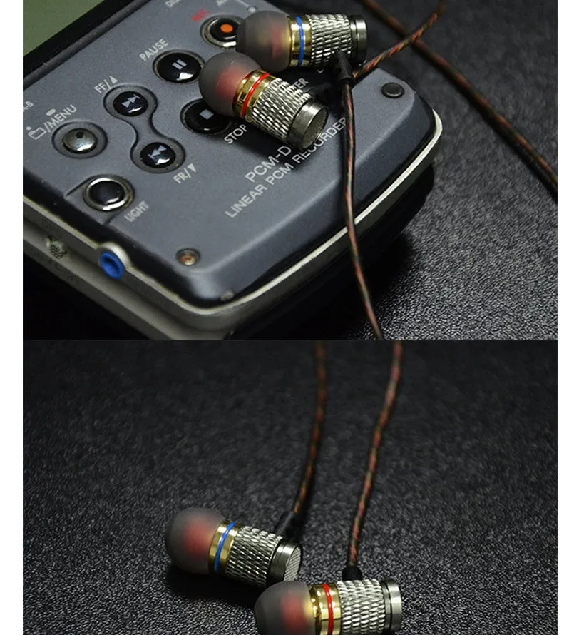 In-ear headphones with metal subwoofer design, 3.5mm L-bend plug, and silicone cable