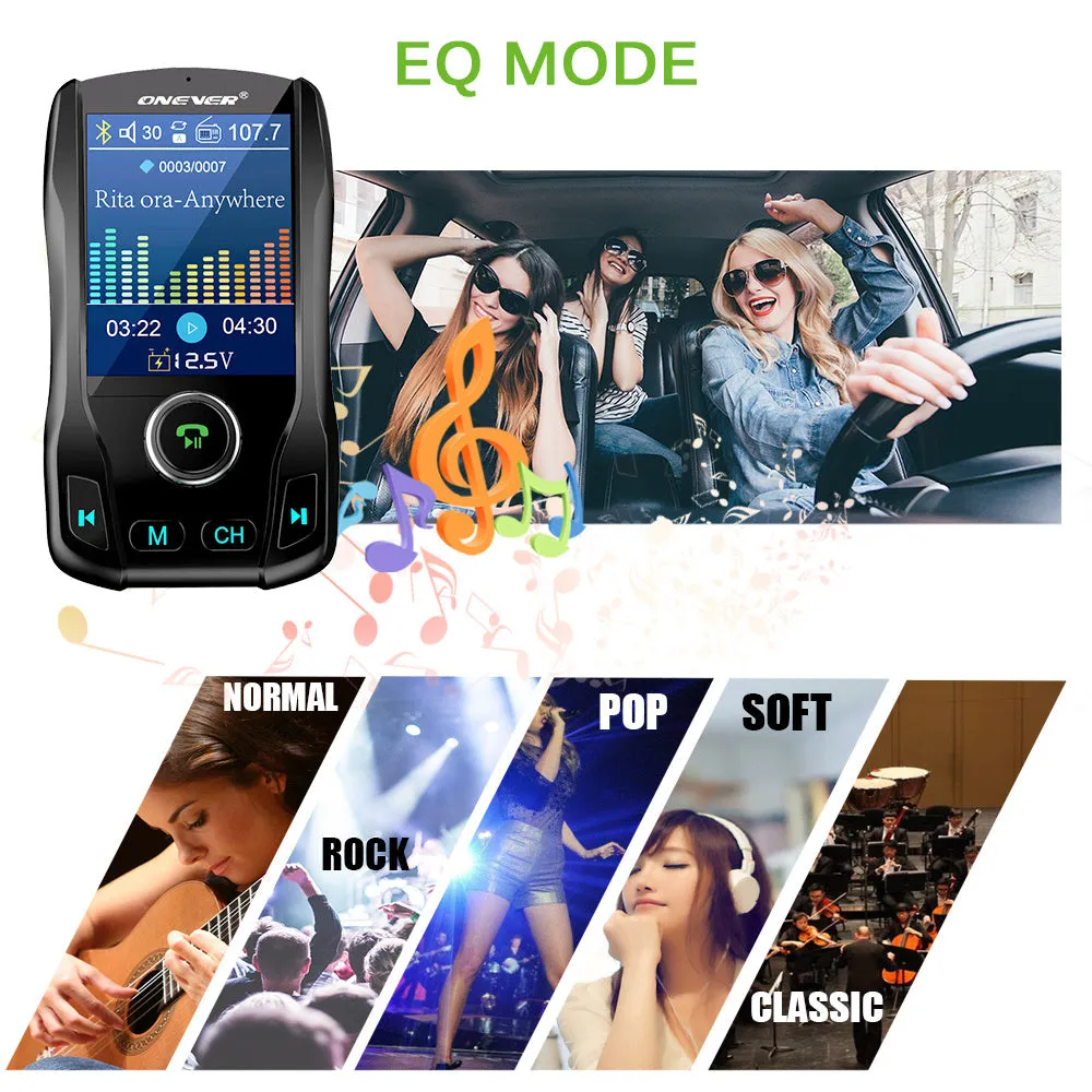 Black car Bluetooth FM transmitter with colour screen and dual USB ports plugged into a car dashboard.