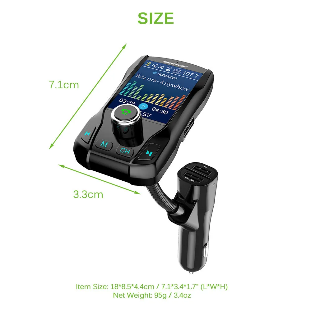 Black car Bluetooth FM transmitter with colour screen and dual USB ports plugged into a car dashboard.
