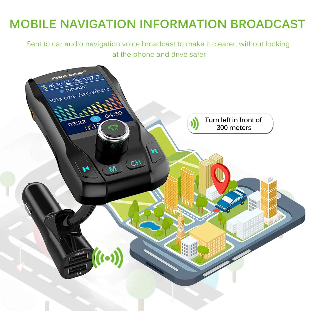 Black car Bluetooth FM transmitter with colour screen and dual USB ports plugged into a car dashboard.