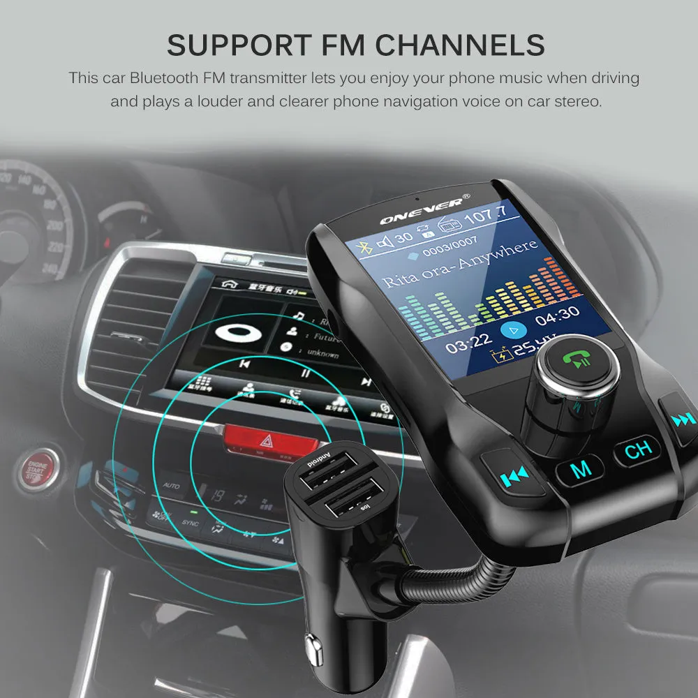Black car Bluetooth FM transmitter with colour screen and dual USB ports plugged into a car dashboard.