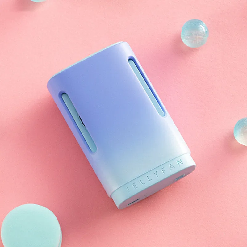 Jelly USB hanging neck fan in mint peach colour, compact and portable for hands-free cooling