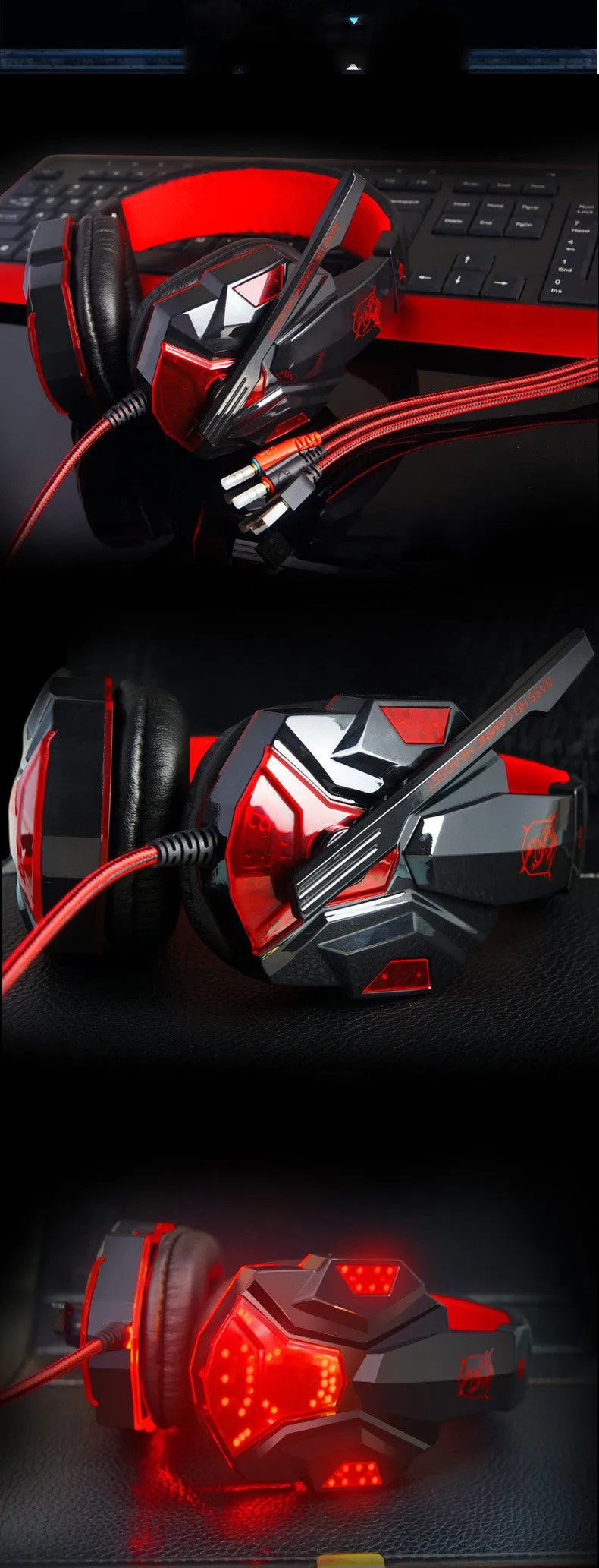 PC780 gaming headphones in black and blue, showing head-mounted design with microphone.