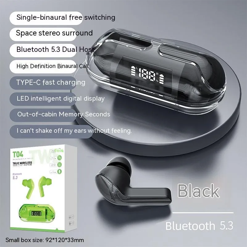 Transparent digital display case for a wireless Bluetooth headset with colour options of pink, black, green, and white.