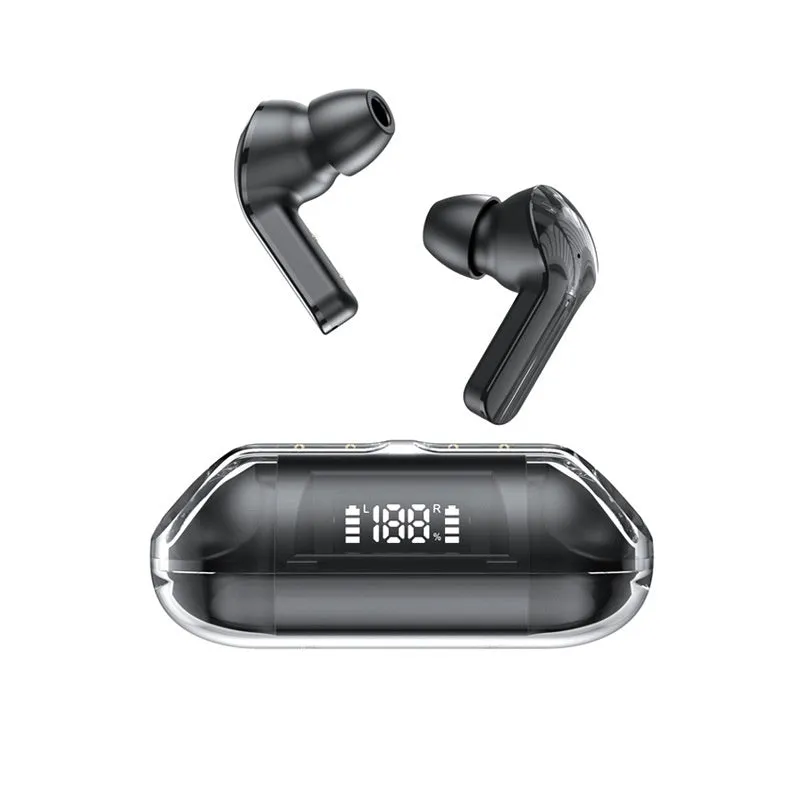 Transparent digital display case for a wireless Bluetooth headset with colour options of pink, black, green, and white.