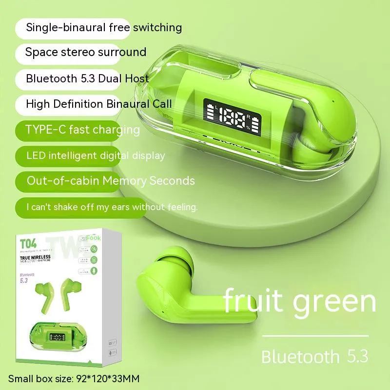 Transparent digital display case for a wireless Bluetooth headset with colour options of pink, black, green, and white.