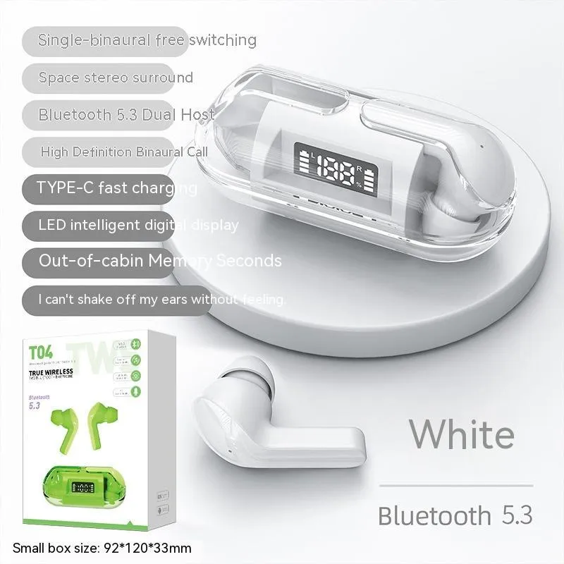 Transparent digital display case for a wireless Bluetooth headset with colour options of pink, black, green, and white.