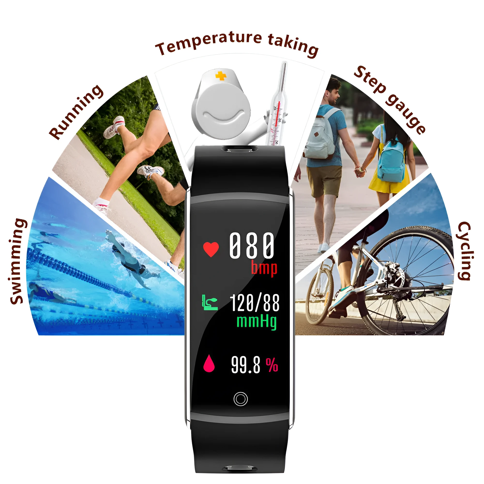 F10T body temperature smart bracelet with TFT screen in black, orange, red, or green colour options