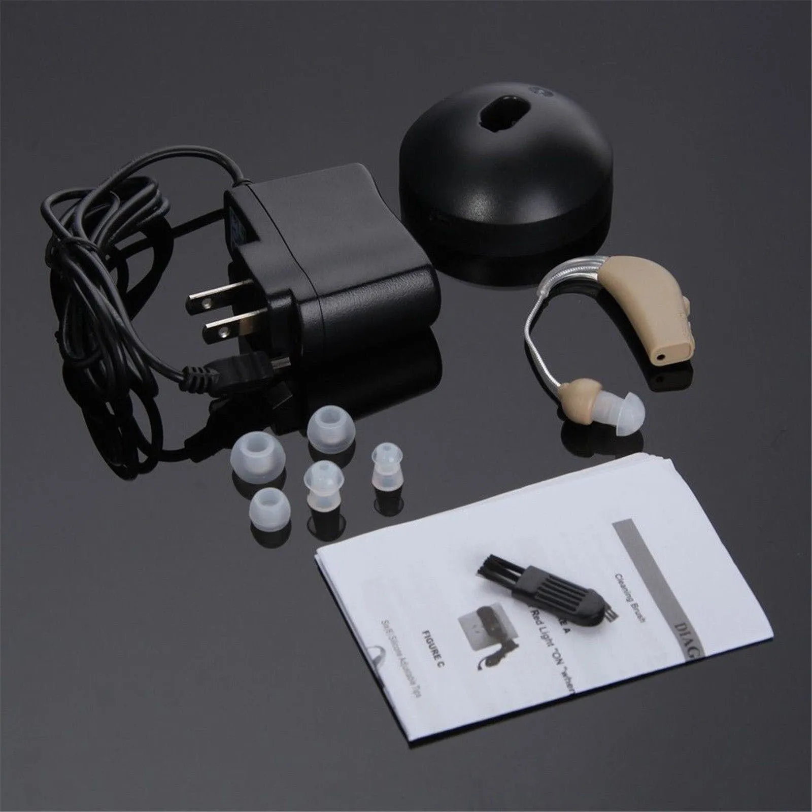 Rechargeable behind-the-ear digital hearing aid amplifier in skin-tone plastic.