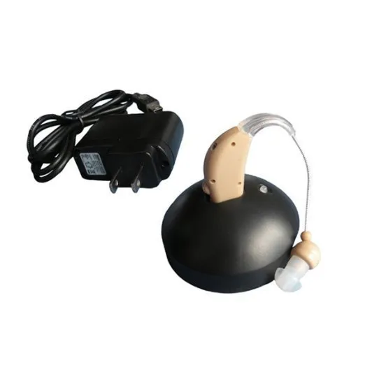 Rechargeable behind-the-ear digital hearing aid amplifier in skin-tone plastic.