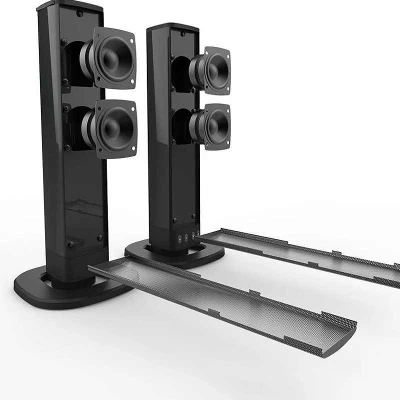 Black foldable split TV Bluetooth speaker with dual speakers showing 490mm length plastic construction