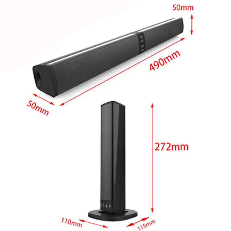 Black foldable split TV Bluetooth speaker with dual speakers showing 490mm length plastic construction