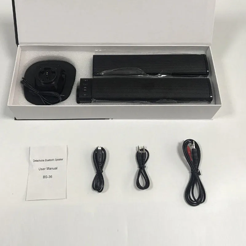Black foldable split TV Bluetooth speaker with dual speakers showing 490mm length plastic construction
