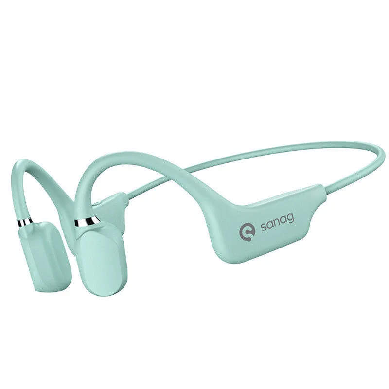 Wireless bone conduction neckband headphones in multiple colours shown worn during exercise.