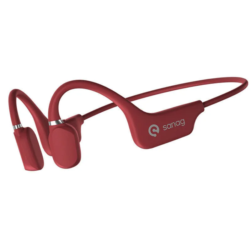 Wireless bone conduction neckband headphones in multiple colours shown worn during exercise.