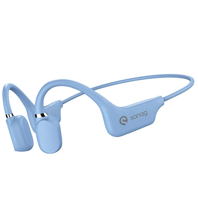 Wireless bone conduction neckband headphones in multiple colours shown worn during exercise.