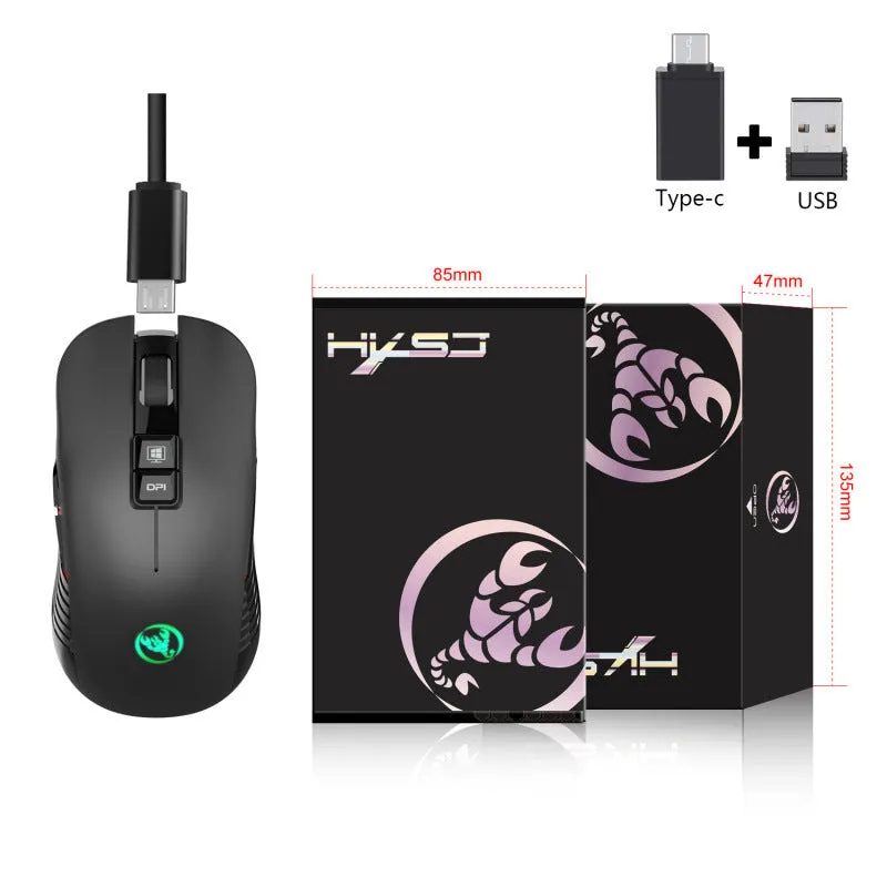 Black wireless gaming mouse with seven colour breathing lights showing adjustable DPI buttons and ergonomic shape