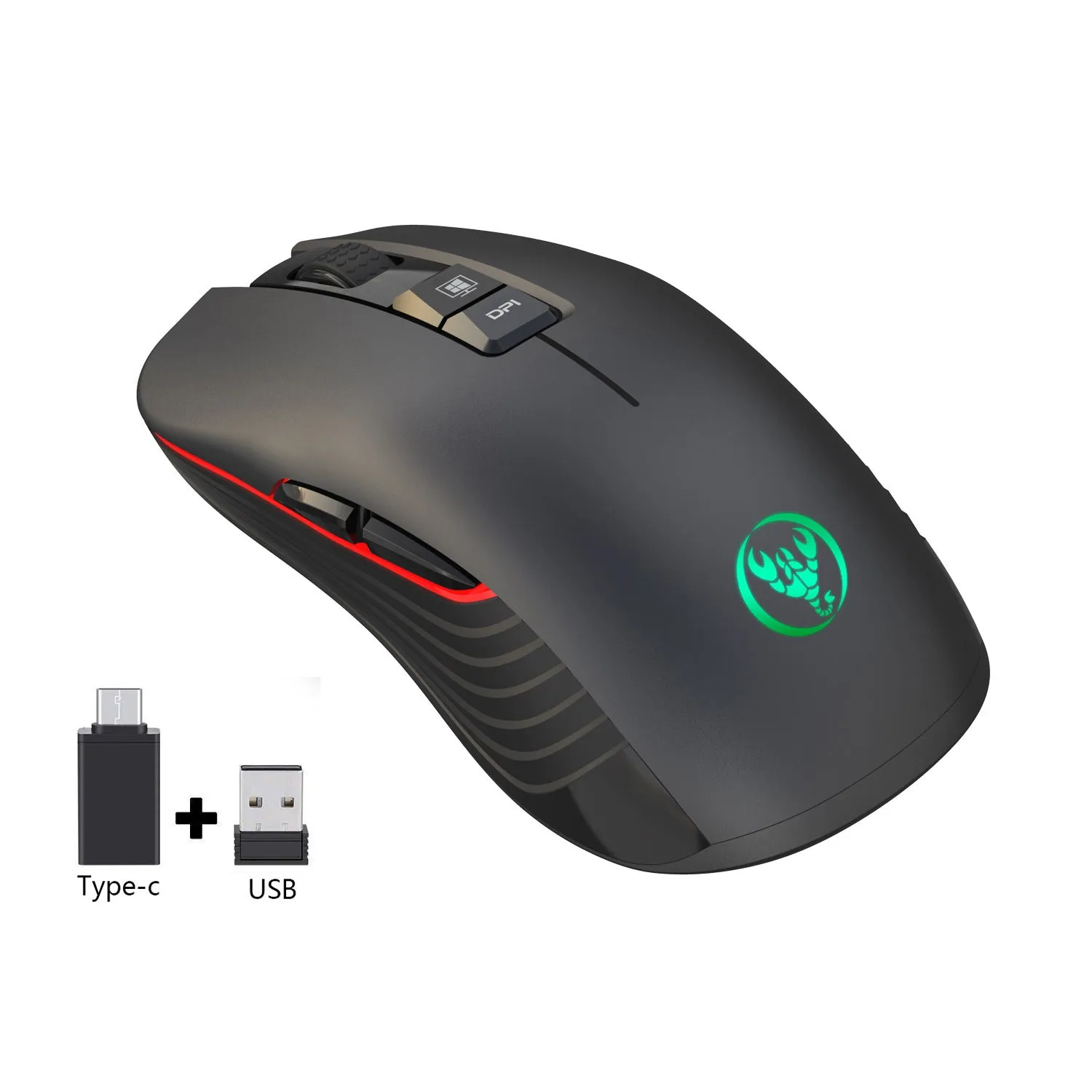 Black wireless gaming mouse with seven colour breathing lights showing adjustable DPI buttons and ergonomic shape