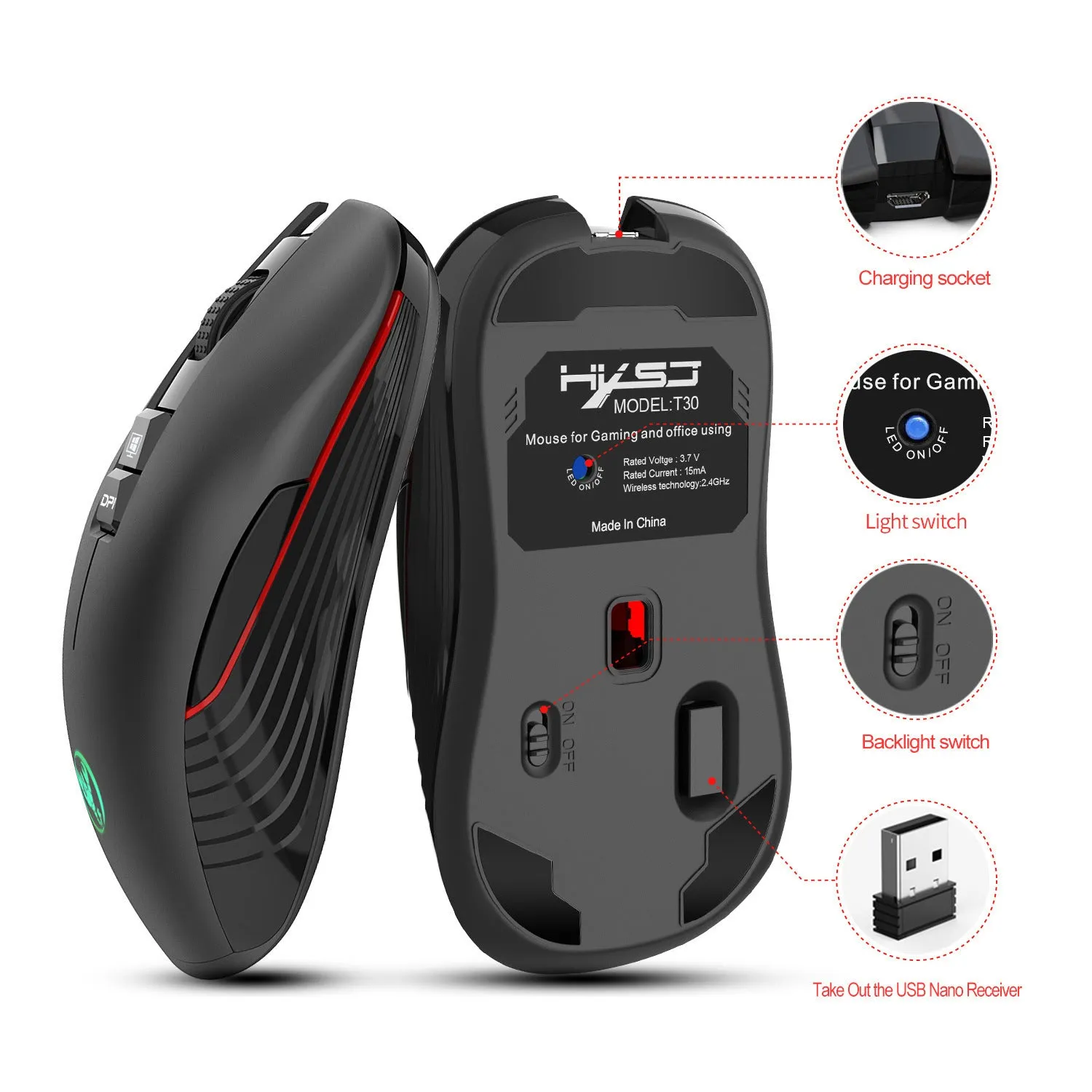 Black wireless gaming mouse with seven colour breathing lights showing adjustable DPI buttons and ergonomic shape