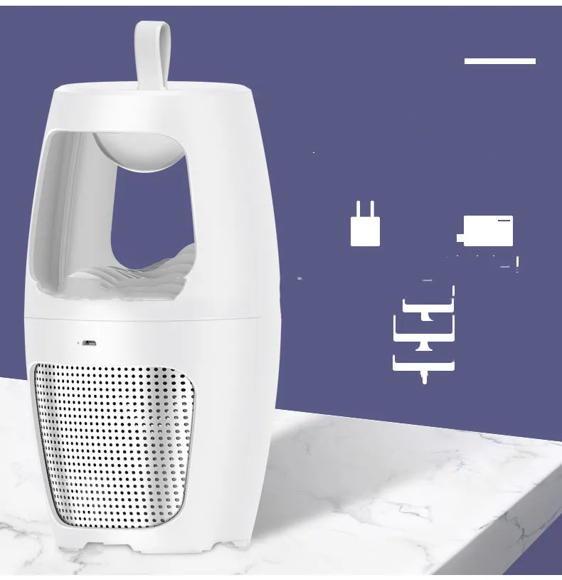 Black or white USB-powered indoor mosquito killer lamp with dimensions 115x115x227mm.