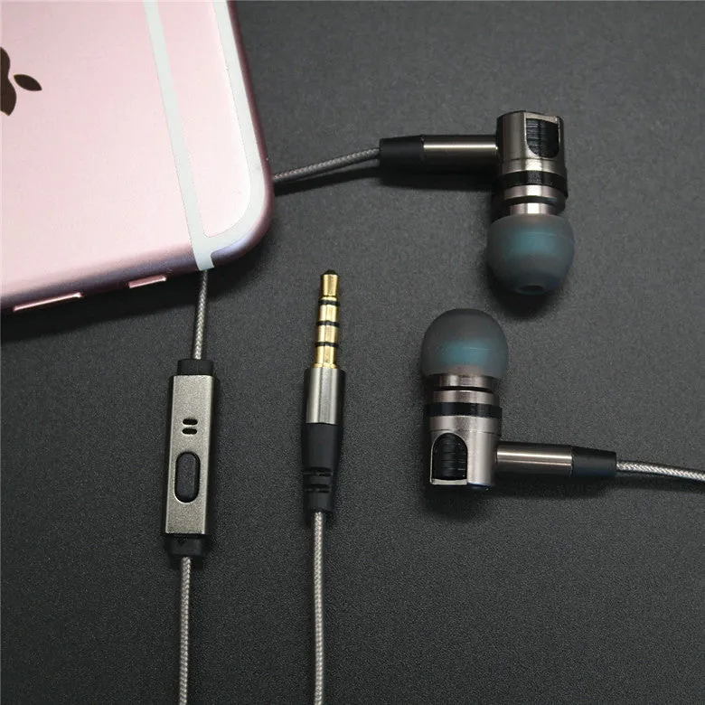 Titanium grey metal in-ear earphones with a detachable TPE cable and aluminium foil shielding.