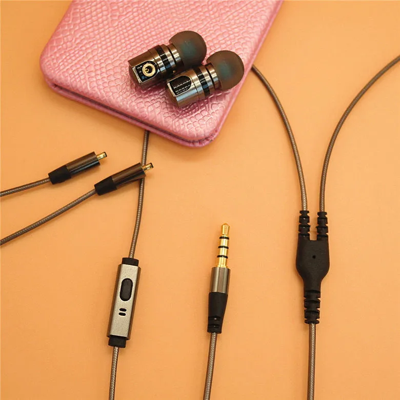 Titanium grey metal in-ear earphones with a detachable TPE cable and aluminium foil shielding.