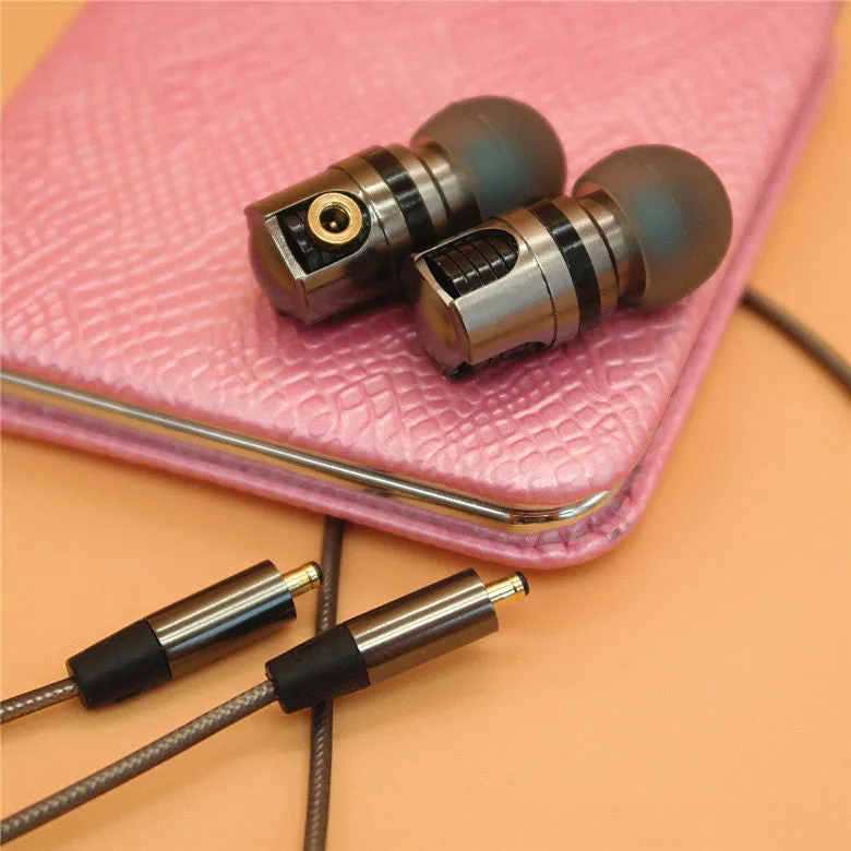 Titanium grey metal in-ear earphones with a detachable TPE cable and aluminium foil shielding.