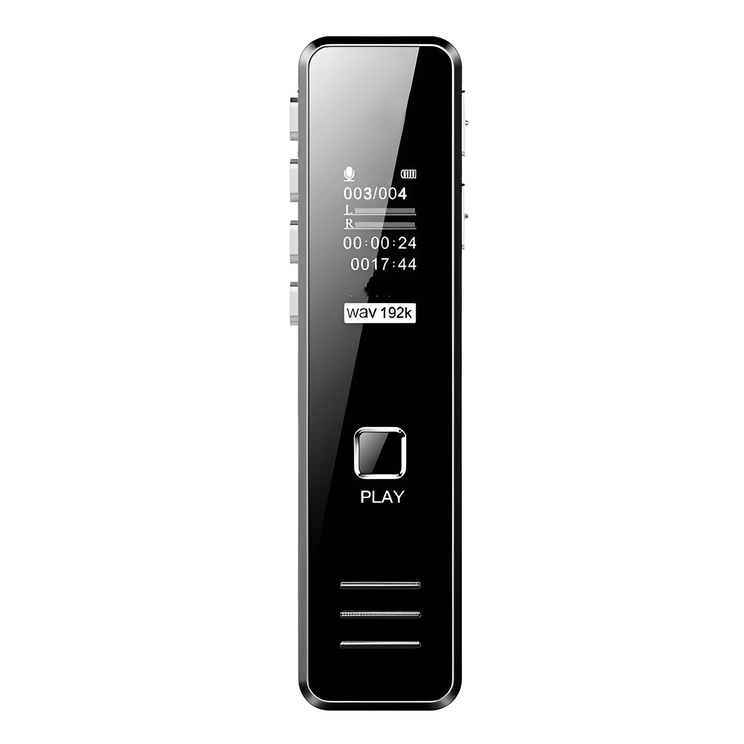 Small black or gold portable digital voice recorder with USB cable on a desk.